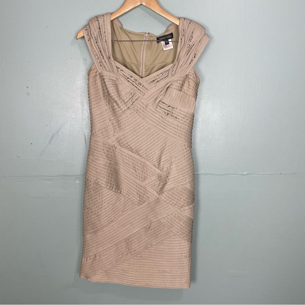 Tadashi Shoji Gold Champagne Sheath Dress Embellished Pleated Sz M